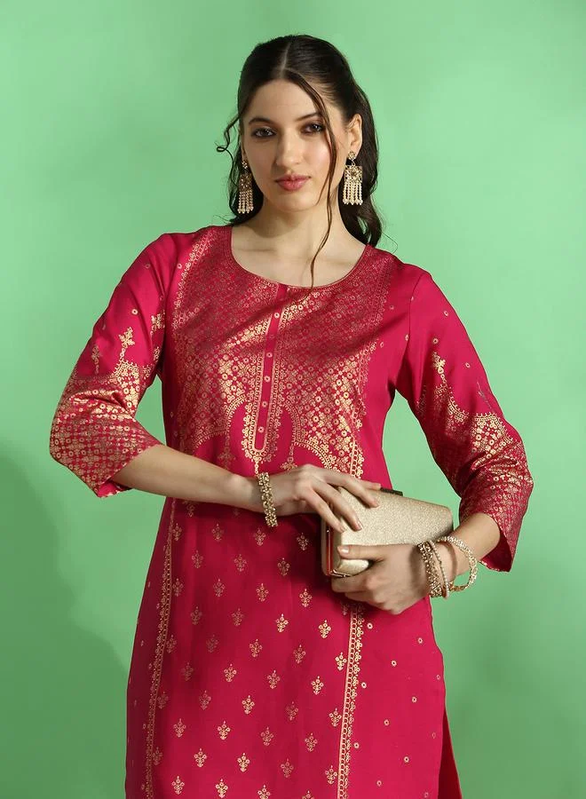 Globus Pink Women Pink Floral Ethnic Foil Print Kurta and Pants Set for Women | Best Price UAE